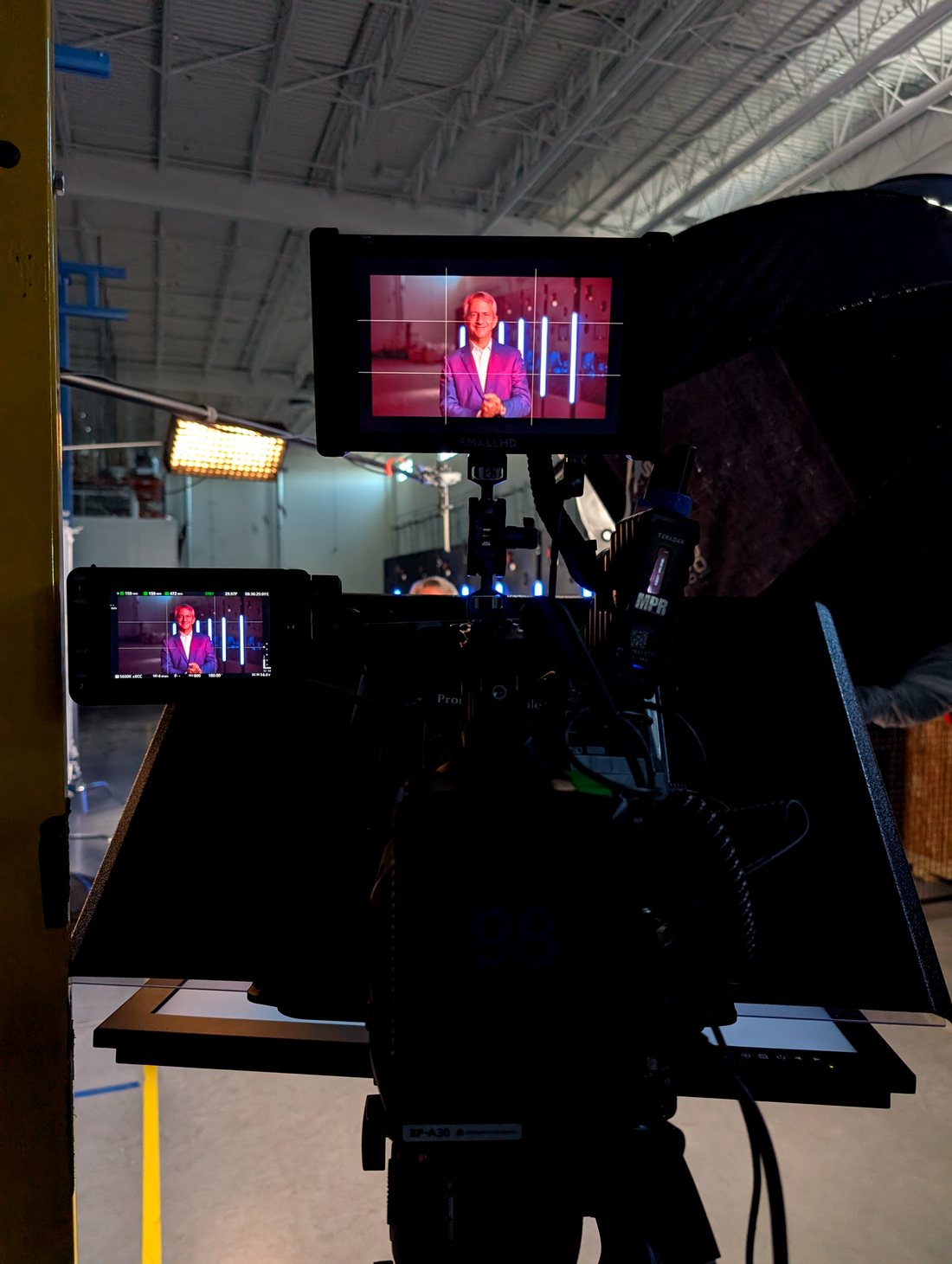 Cinema camera with monitor and teleprompter built for the interview, CoolIT shoot Calgary