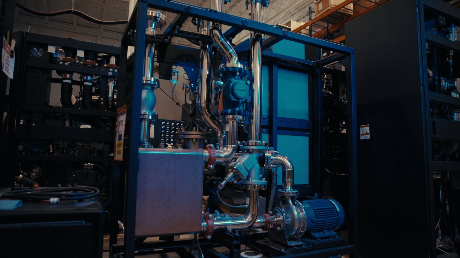Blue-lit CoolIT direct liquid cooling distribution unit filmed by DCFOTOFILM