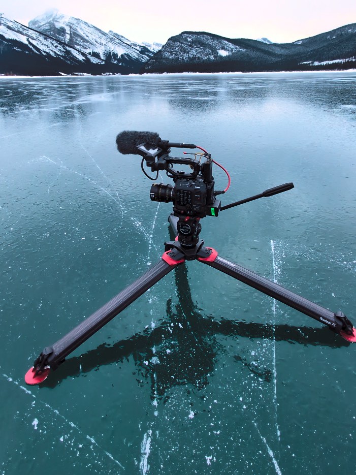 Canon C500 MKII on a Sachtler tripod on a frozen turquoise lake — Wild Ice shoot, Kananaskis