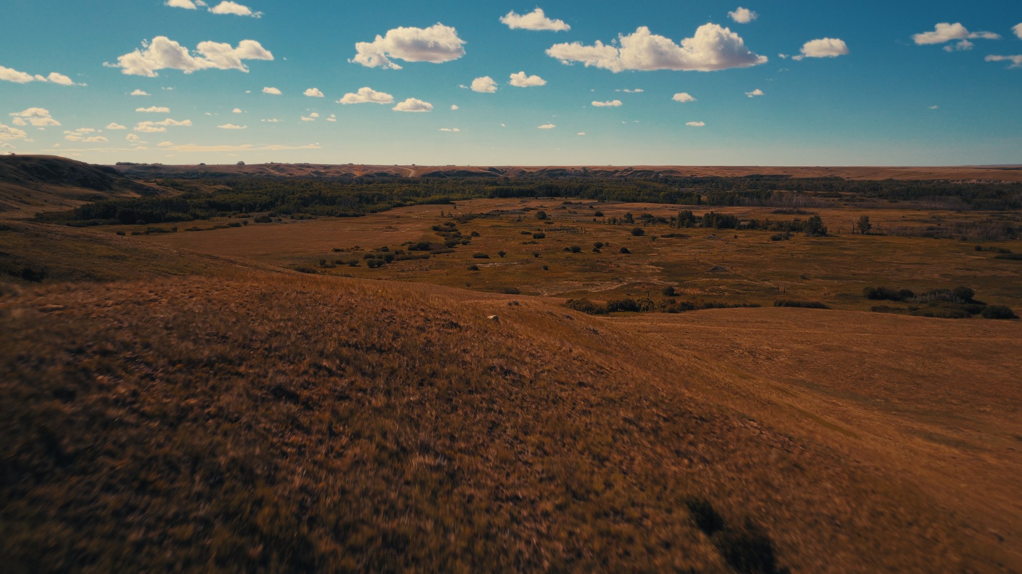 Big-sky prairie aerial across Treaty 7 land — Natosapi