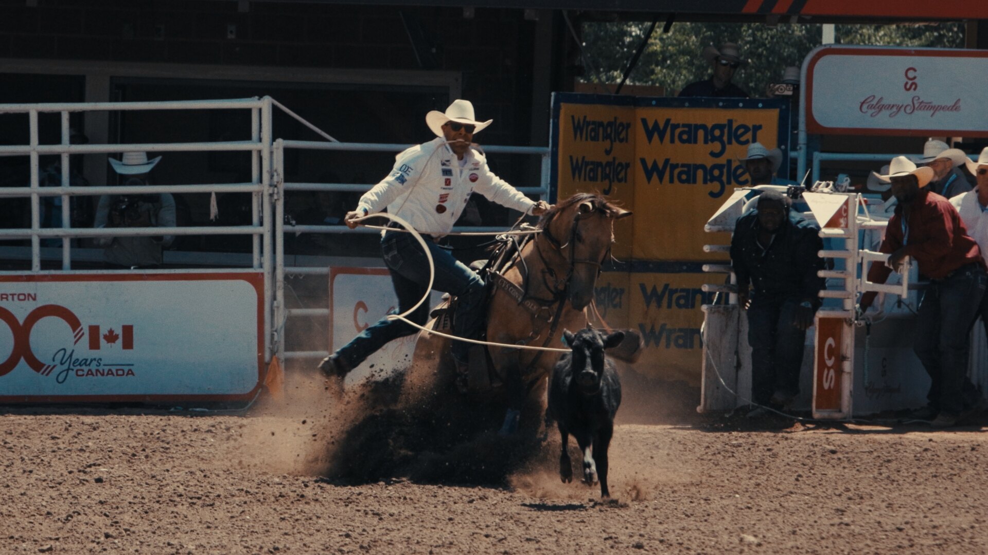 Rodeo roper Shad Mayfield mid-throw — frame from an upcoming documentary for The Cowboy Channel, shot by Calgary DP Dave Copithorne