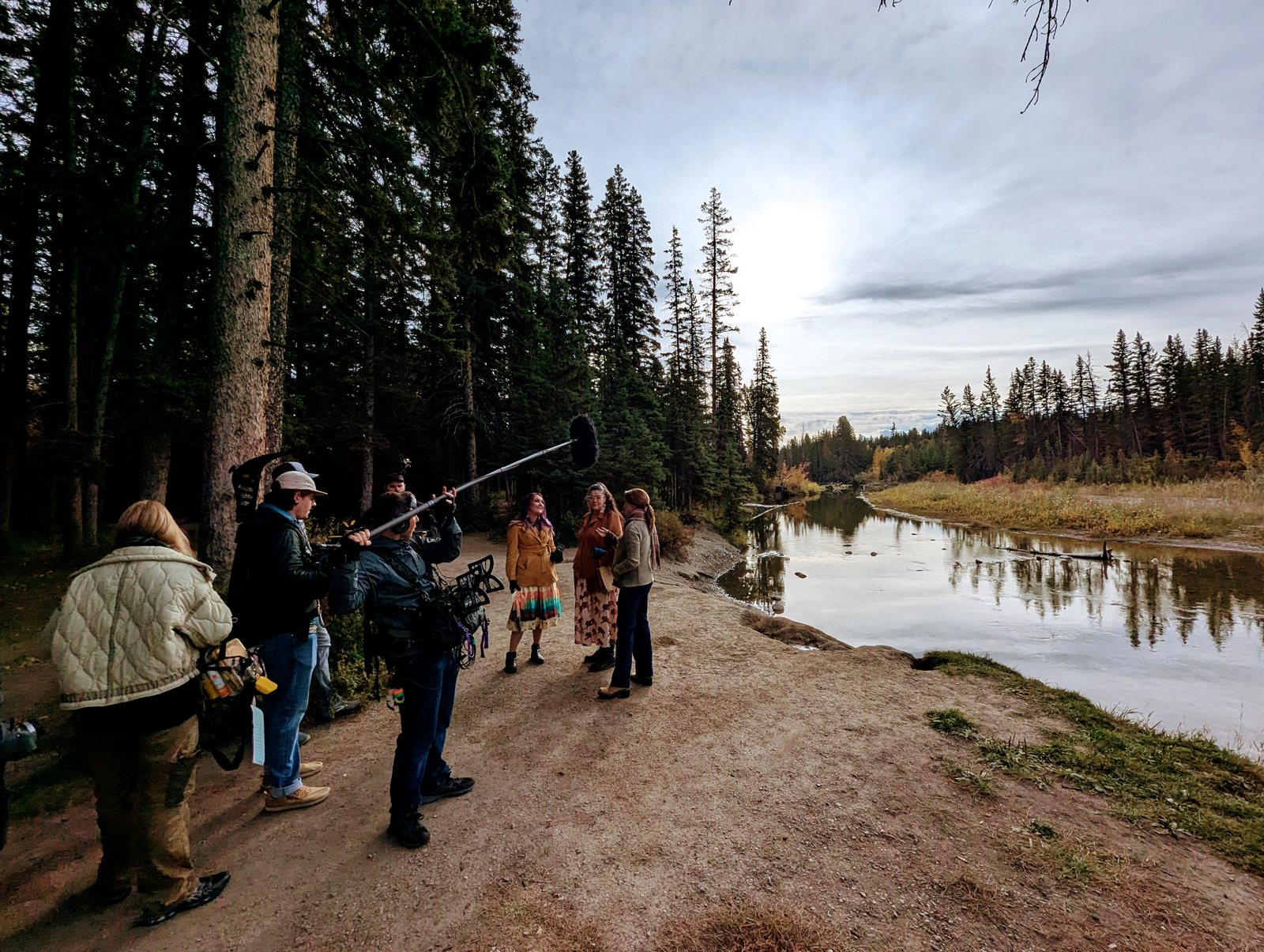 Film crew on location in Calgary, Alberta for Pati's Mexican Table on PBS, boom operator and camera team led by the director of photography