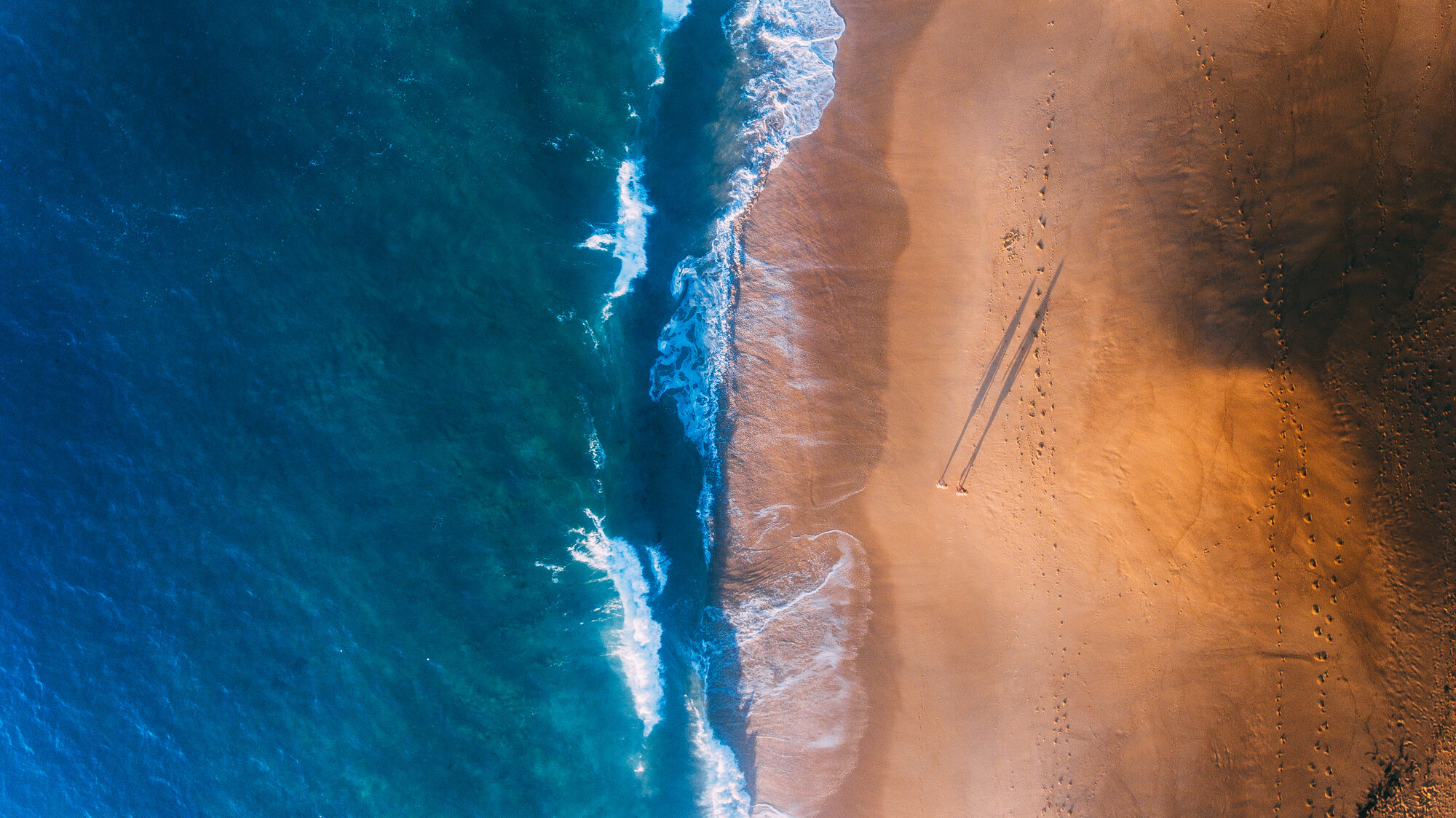Golden beach with long morning shadows, top-down aerial, Australia