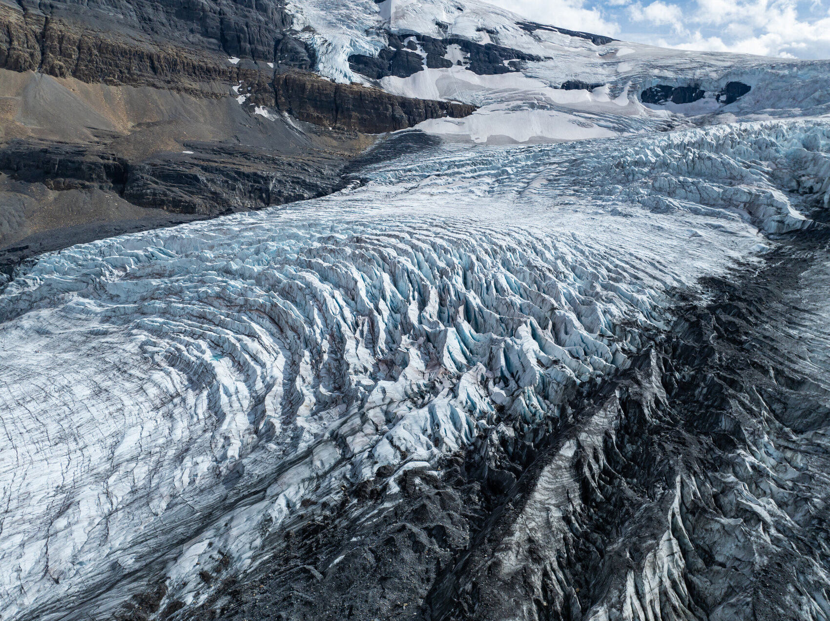 Aerial view of the Athabasca Glacier tongue and moraine, Parks Canada approved drone flight