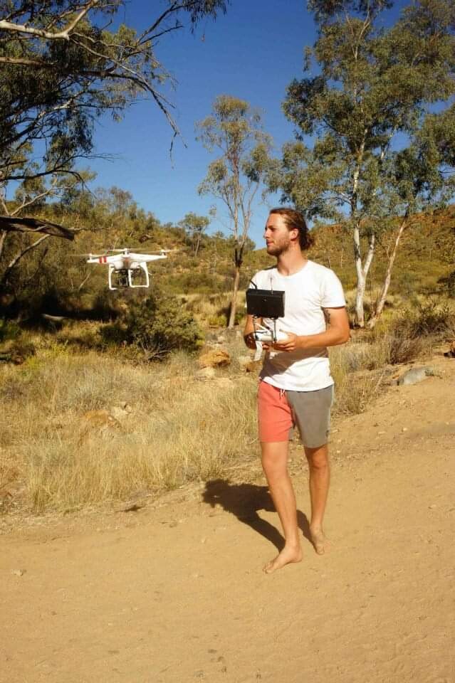 Dave Copithorne flying a DJI Phantom 2 with Zenmuse GoPro rig, Alice Springs, Australia