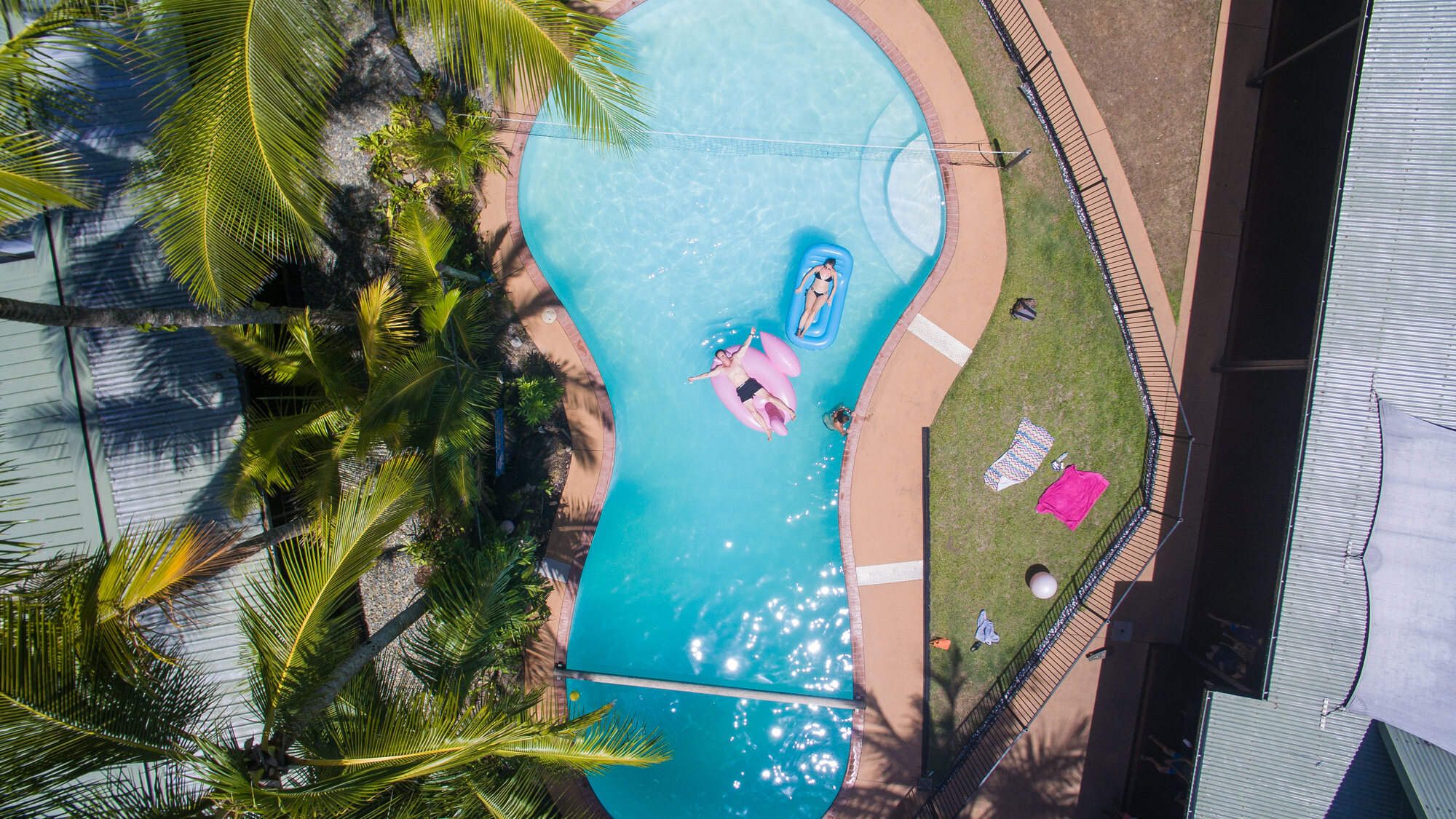 Resort pool framed by palm trees from above, hospitality aerial photography