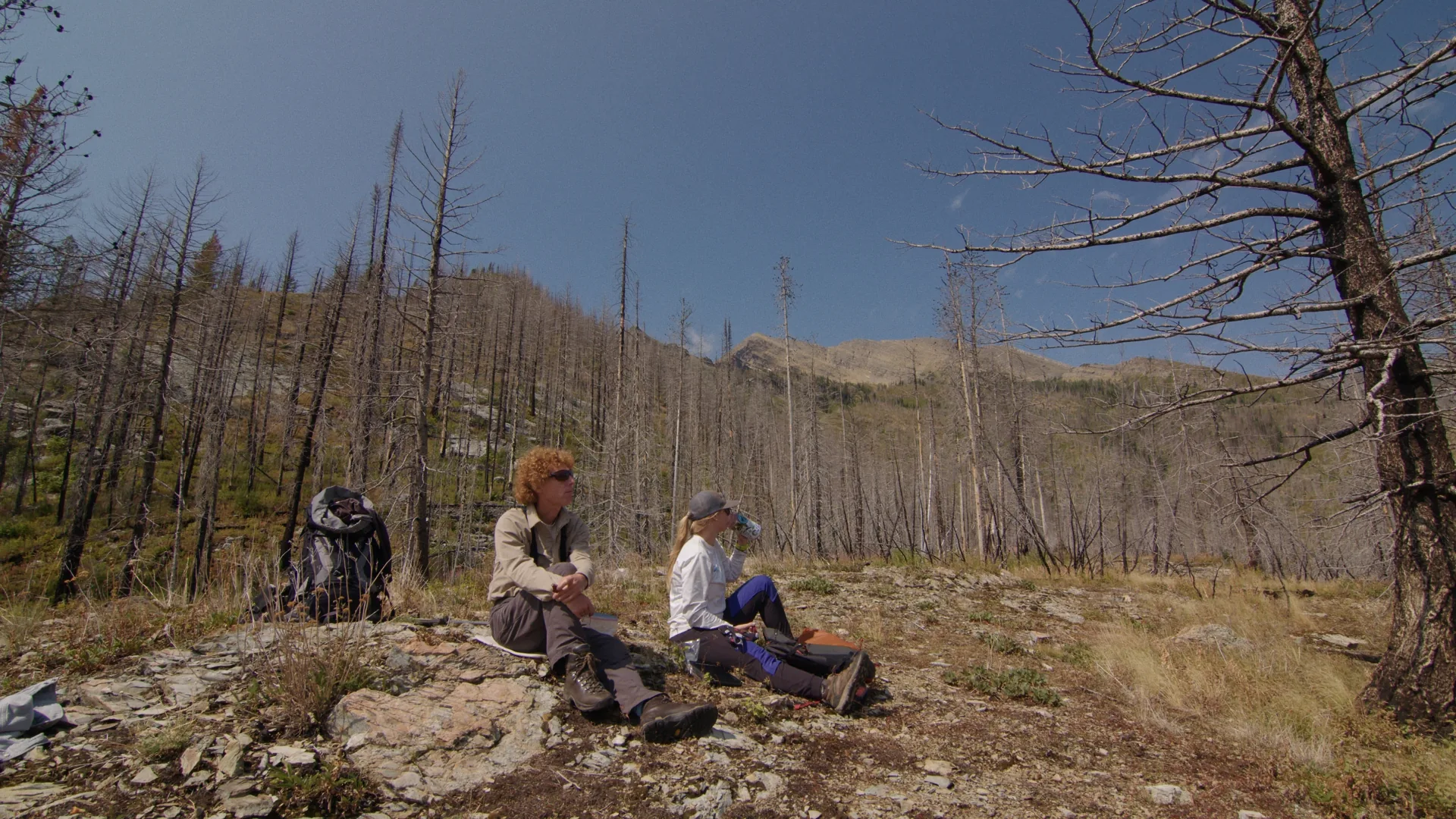 Garth Mowat and a fellow researcher resting among burned trees under a stormy sky