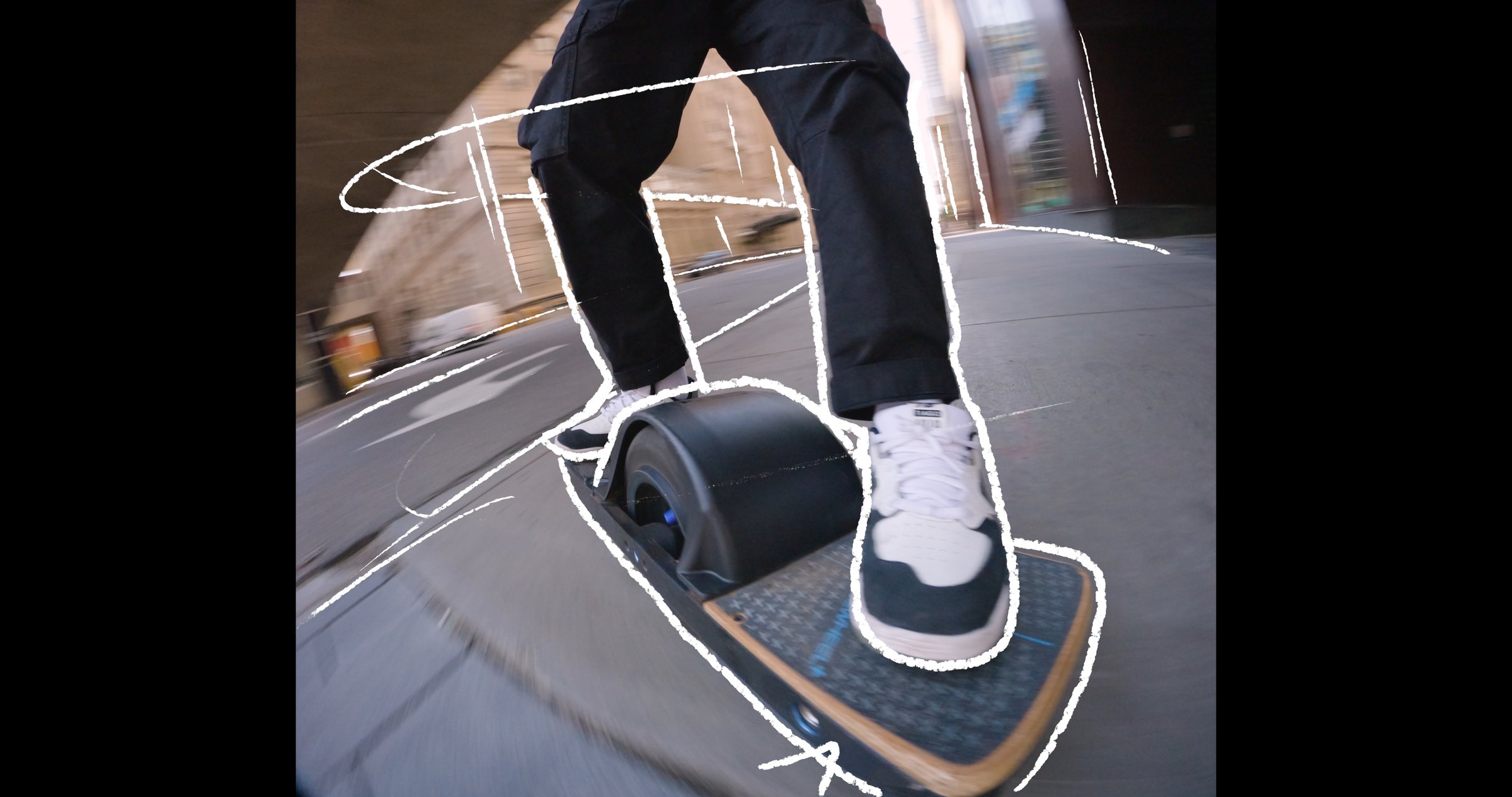 Onewheel commercial frame — outdoor riding sequence with motion graphics