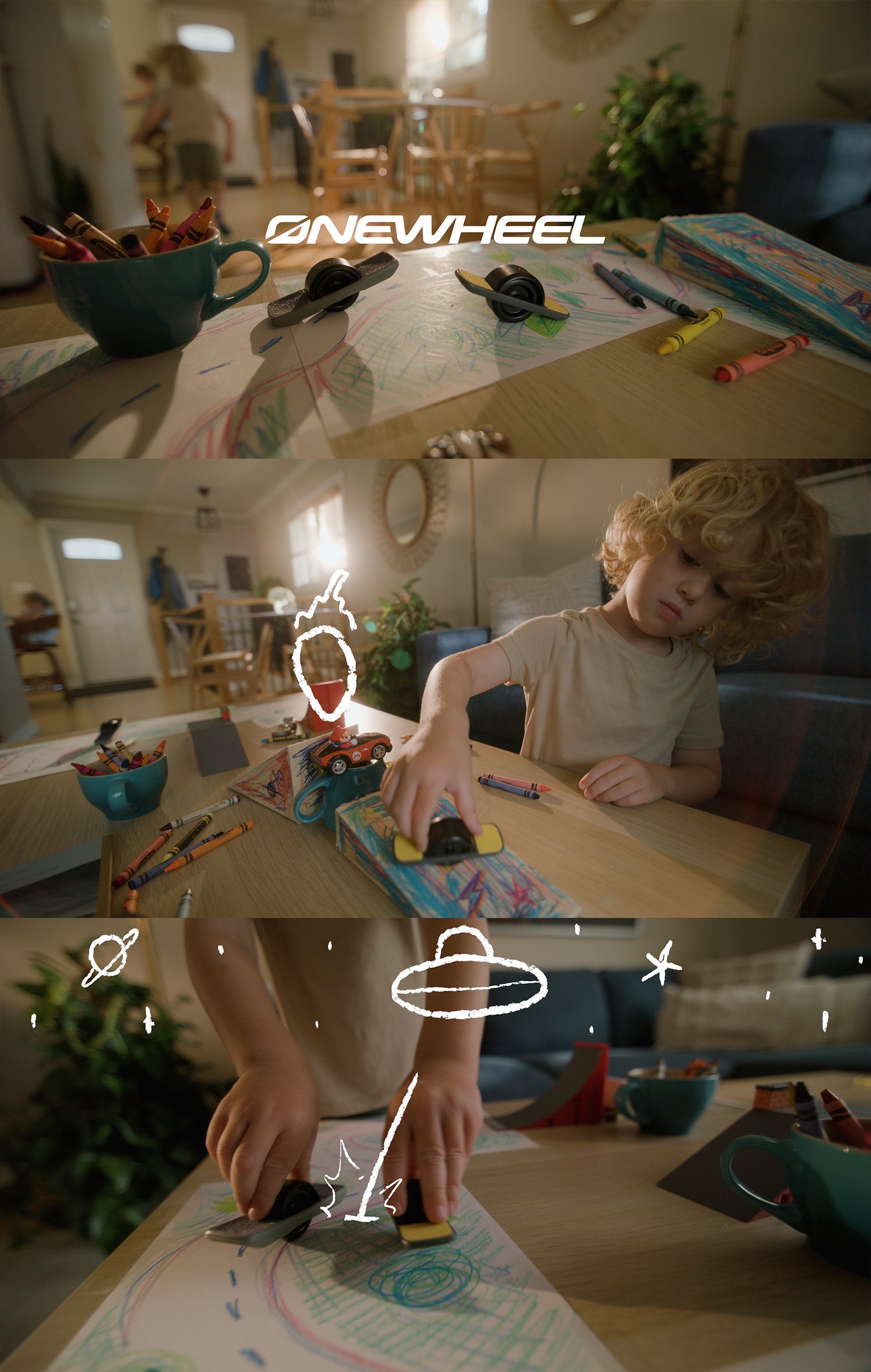 Commercial frames — interior sequence: Onewheel logo reveal, Jasper at drawing table, hands close-up with motion graphics — Cook Productions Calgary 2024