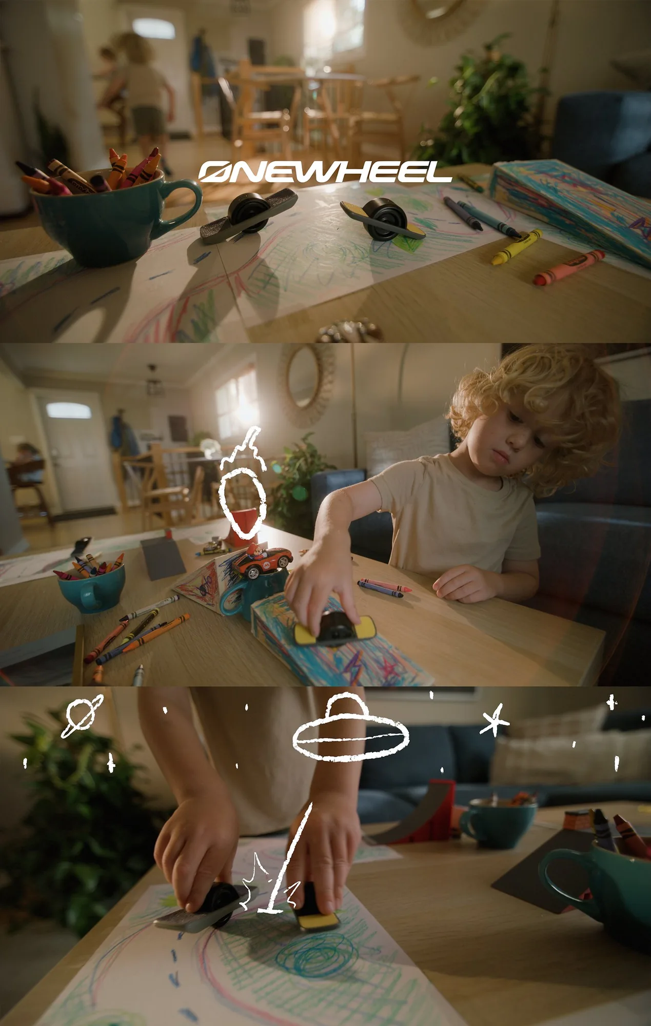 Commercial frames — interior sequence: Onewheel logo reveal, Jasper at drawing table, hands close-up with motion graphics — Cook Productions Calgary 2024