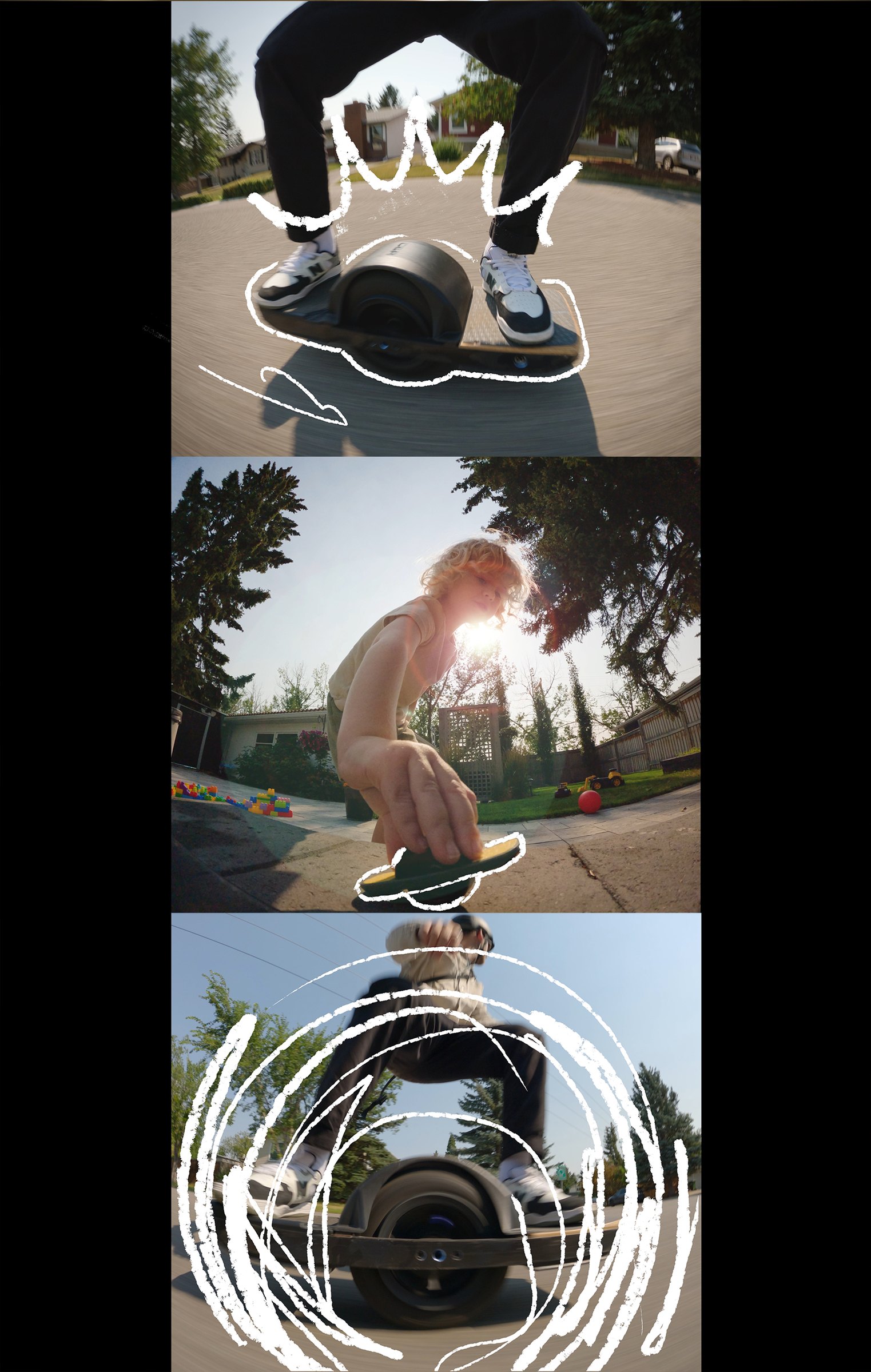 Commercial frames — riding sequence: snorricam perspective, Jasper on Onewheel in backyard, low-angle GoPro wheel shot — Cook Productions Calgary 2024