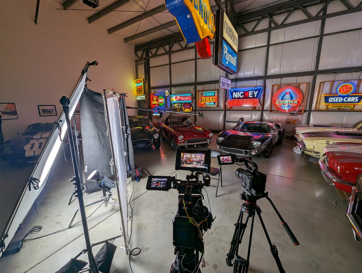 A lit interview setup with softbox, camera and monitor on location in Calgary