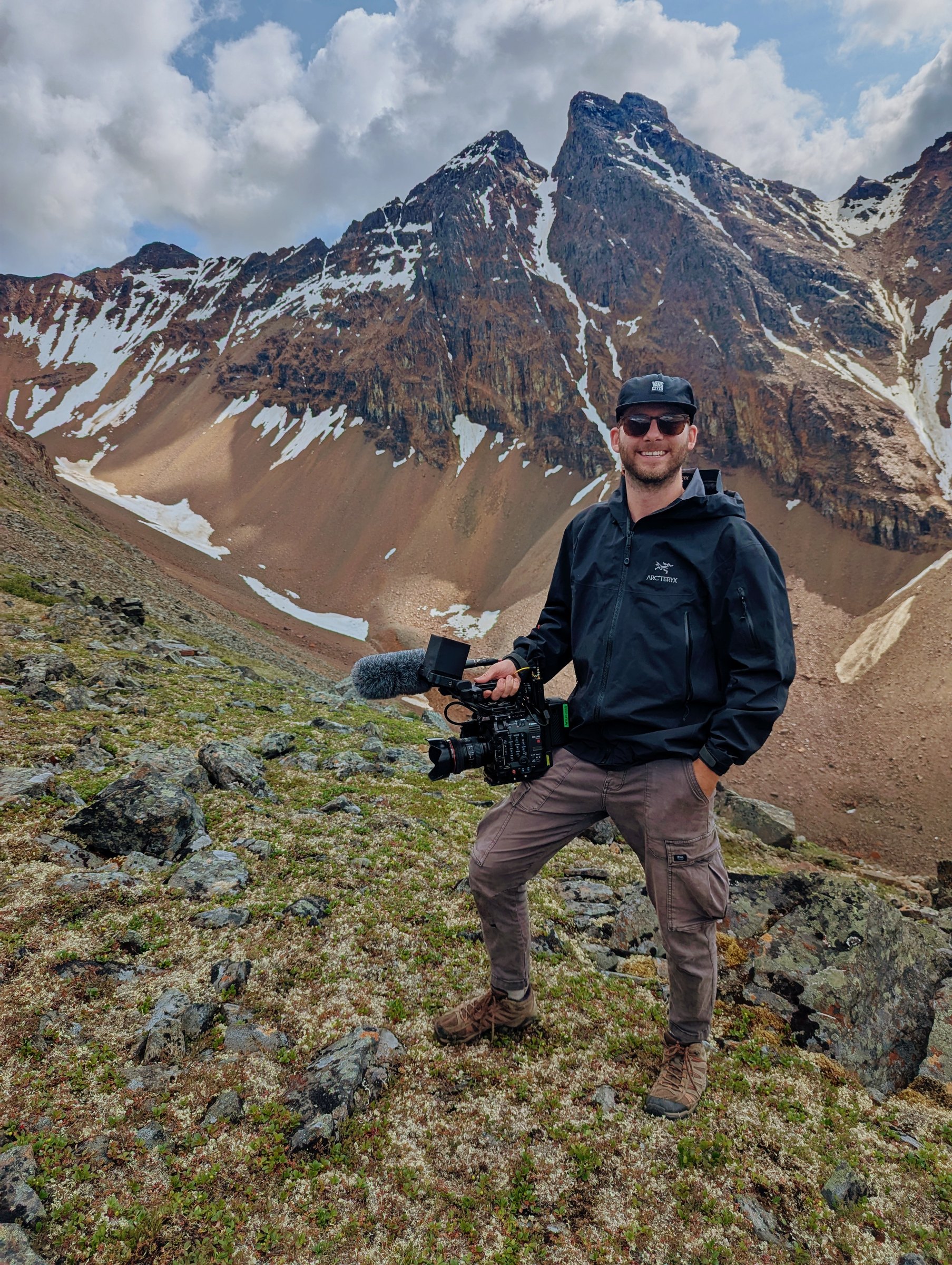 Cinematographer Dave Copithorne on location in the Alberta mountains with a cinema camera