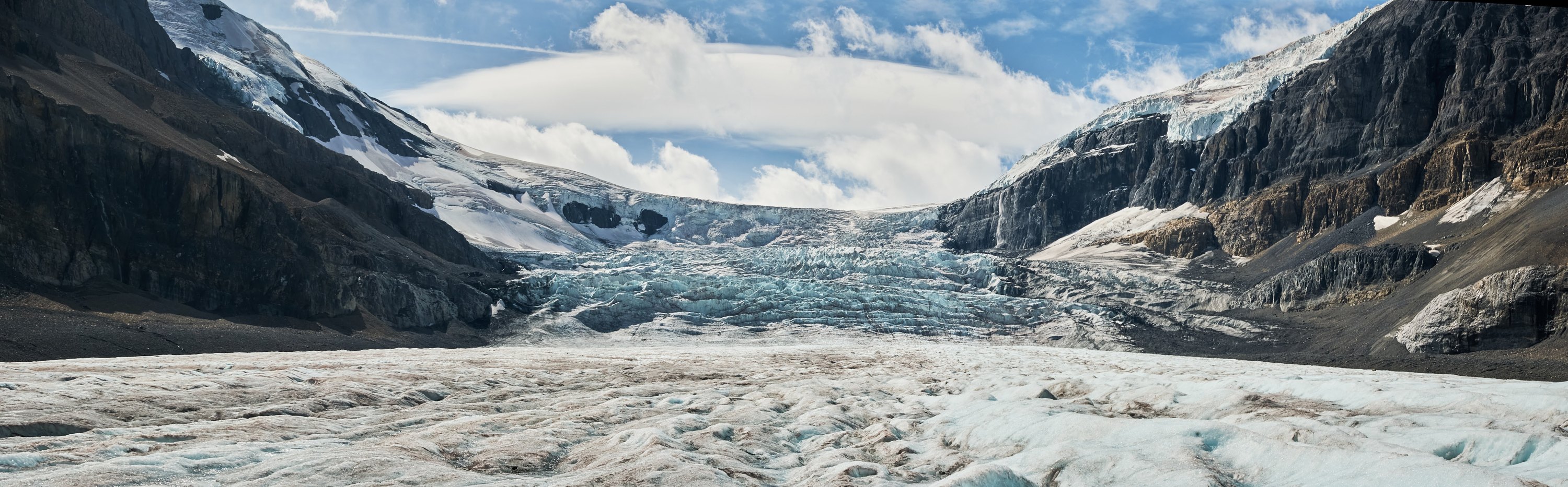 Ultra-wide aerial panorama of the Athabasca Glacier in the Canadian Rockies — drone cinematography by DCFOTOFILM