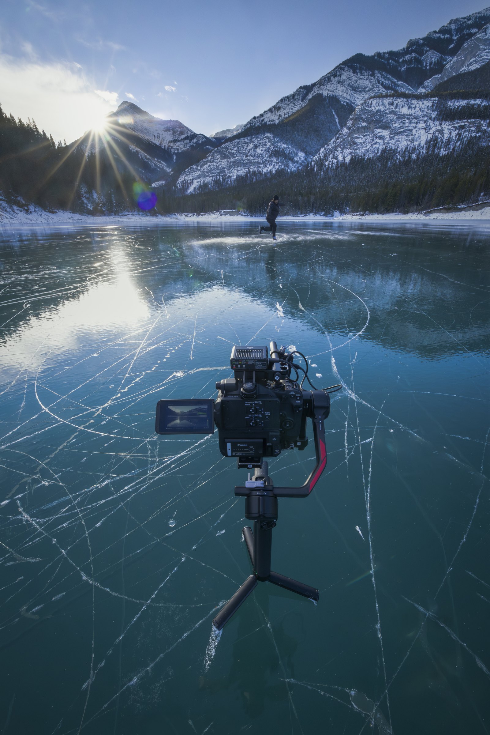 Canon C500 MKII on frozen Barrier Lake — photo by Paul Ziszka
